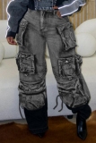 Black Gradient Color High Waist Pocket Casual Denim Cargo Jeans