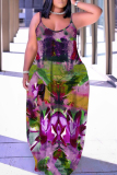 Multicolor Floral Print Sleeveless Backless Spaghetti Strap Floor Length Vacation Baggy Sundress Slip Maxi Dress