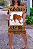 Multicolor Graphcics Print V Neck Short Sleeve Loose Pockets Casual Outing Midi T-Shirt Dress