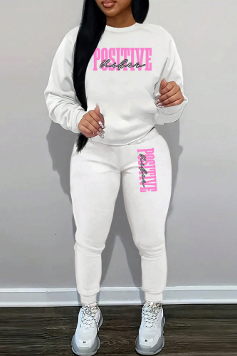 White Pink Letter Print Crewneck Long Sleeve T Shirt and Skinny Pant Casual Outing Two Piece Jogger Set