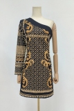Black Baroque Print Backless Beading Oblique Collar Single Long Sleeve Formal Evening Party Prom Bodycon Mini Dresses