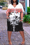 Multicolor Graphcics Print V Neck Short Sleeve Loose Pockets Casual Outing Midi T-Shirt Dress