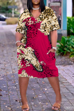 Rose Red Graphcics Print V Neck Short Sleeve Loose Pockets Casual Outing Midi T-Shirt Dress