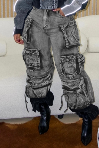 Black Gradient Color High Waist Pocket Casual Denim Cargo Jeans