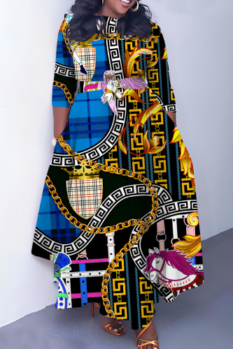 Dark Blue Casual Graphics Print O Neck 3/4 Sleeve Belted Pockets Long Vacation Pleated A Line Maxi Dresses