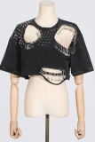 Grey Casual O Neck with Studded Cut-Outs Short Sleeve Distressed Ripped Crop T-Shirts