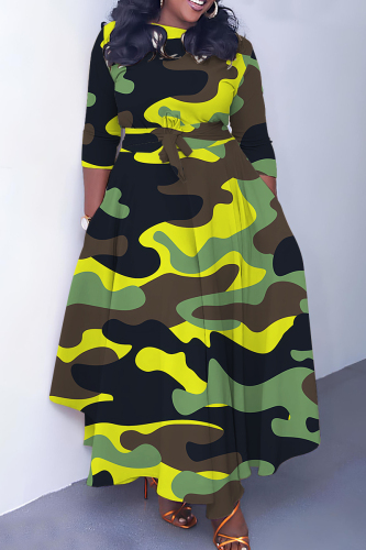 Camouflage Casual Graphics Print O Neck 3/4 Sleeve Belted Pockets Long Vacation Pleated A Line Maxi Dresses