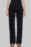 Black High Waist Straight Detachable Concealed Buttons Casual Irregular Denim Jeans
