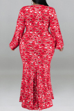 Red Snake Print V Neck Long Sleeve Mermaid Hem Long Casual Vacation Plus Size Maxi Dresses