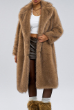 Camel Casual Turndown Collar Long Sleeve Fall Winter Longline Cardigan Faux Fur Coat