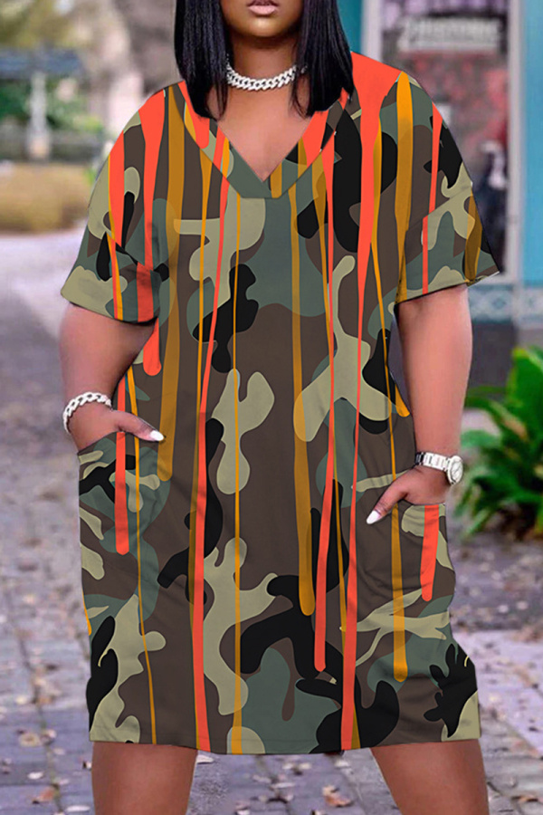 Rose Red Graphcics Print V Neck Short Sleeve Loose Pockets Casual Outing Midi T-Shirt Dress