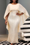 White Sequins O Neck Cape Sleeve Formal Evening Party Prom Bodycon Maxi Wedding Guest Dresses