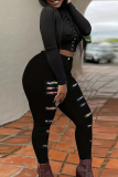 Black Casual Graphcis Print Hollow Out Plus Size Skinny Ripped Denim Jeans