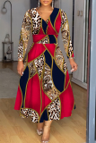 Leopard Casual Graphics Print V Neck Long Sleeve Vacation Pleated Midi Dresses