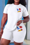 White Casual Graphics Print O Neck Short Sleeve Graphics T-shirt And Shorts Two Pieces Shorts Sets