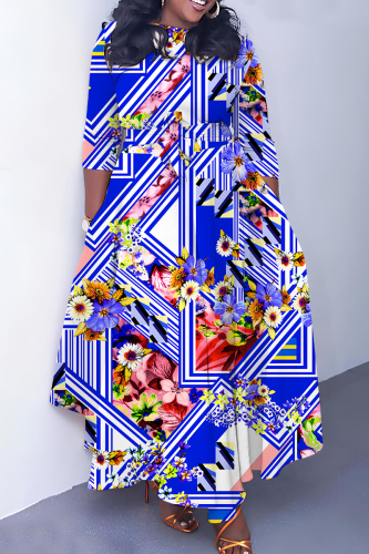 Green Casual Graphics Print O Neck 3/4 Sleeve Belted Pockets Long Vacation Pleated A Line Maxi Dresses