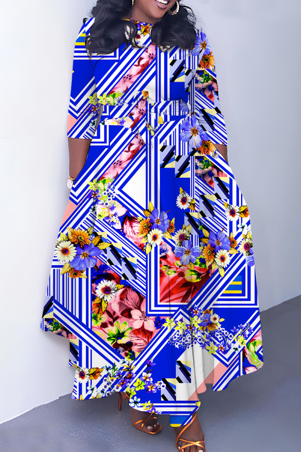 Green Casual Graphics Print O Neck 3/4 Sleeve Belted Pockets Long Vacation Pleated A Line Maxi Dresses