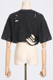 Grey Casual O Neck with Studded Cut-Outs Short Sleeve Distressed Ripped Crop T-Shirts
