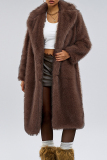 Camel Casual Turndown Collar Long Sleeve Fall Winter Longline Cardigan Faux Fur Coat
