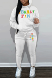 White Green Letter Print Long Sleeve Hooded Sweatshirt And Drawstring Pants Sportwear Casual Two Pieces Sweatpant Set