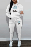 White Green Letter Print Long Sleeve Hooded Sweatshirt And Drawstring Pants Sportwear Casual Two Pieces Sweatpant Set