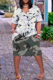 Rose Red Graphcics Print V Neck Short Sleeve Loose Pockets Casual Outing Midi T-Shirt Dress