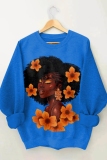 Royal Blue Casual African Girl Print O Neck Long Sleeve Fall Winter Sweatshirt