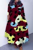 Dark Blue Casual Graphics Print O Neck 3/4 Sleeve Belted Pockets Long Vacation Pleated A Line Maxi Dresses
