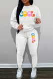 White Pink Letter Print Crewneck Long Sleeve T Shirt and Skinny Pant Casual Outing Two Piece Jogger Set