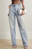 Blue Beading High Waist Straight Leg Casual Distressed Denim Jeans
