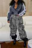 Black Gradient Color High Waist Pocket Casual Denim Cargo Jeans