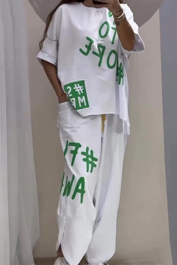 Rose Red Casual Letter Print O Neck Half Sleeve Oversize T-shirt And Wide Leg Pants Sportwear Two Pieces Jogger Sets