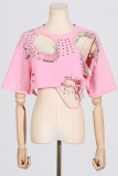 Grey Casual O Neck with Studded Cut-Outs Short Sleeve Distressed Ripped Crop T-Shirts