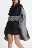 Black Turndown Collar Batwing Sleeve with Denim Patchwork Casual Outing Blazer Jackets