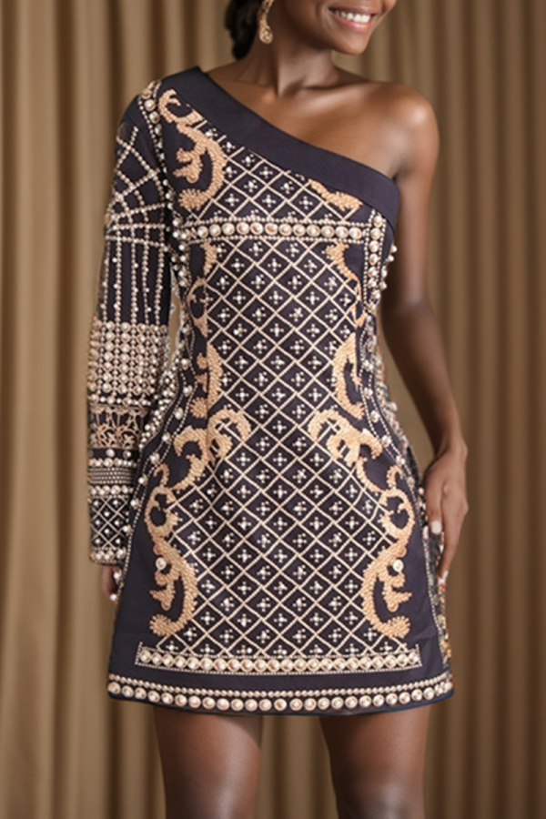 Black Baroque Print Backless Beading Oblique Collar Single Long Sleeve Formal Evening Party Prom Bodycon Mini Dresses