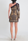 Black Baroque Print Backless Beading Oblique Collar Single Long Sleeve Formal Evening Party Prom Bodycon Mini Dresses