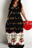 Black Orange Floral Print Sleeveless Backless Spaghetti Strap Floor Length Vacation Baggy Sundress Slip Maxi Dress