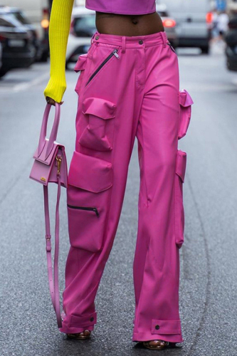 Pink High Waist Straight Pocket Casual PU Baggy Cargo Pants