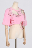 Grey Casual O Neck with Studded Cut-Outs Short Sleeve Distressed Ripped Crop T-Shirts