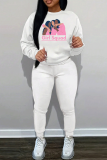 White Pink Letter Print Crewneck Long Sleeve T Shirt and Skinny Pant Casual Outing Two Piece Jogger Set