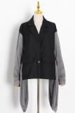 Black Turndown Collar Batwing Sleeve with Denim Patchwork Casual Outing Blazer Jackets