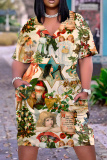 Rose Red Graphcics Print V Neck Short Sleeve Loose Pockets Casual Outing Midi T-Shirt Dress