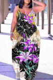Multicolor Floral Print Sleeveless Backless Spaghetti Strap Floor Length Vacation Baggy Sundress Slip Maxi Dress
