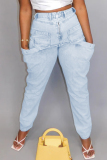 Blue High Waist Pocket Zipper Hasp Casual Straight Denim Jeans