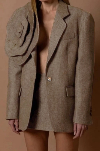 Brown 3D Flowers Decor Turn-back Collar Long Sleeve Buttons Casual Formal Office Lady Blazer Jackets
