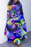 Green Casual Graphics Print O Neck 3/4 Sleeve Belted Pockets Long Vacation Pleated A Line Maxi Dresses