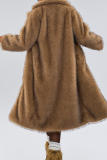 Camel Casual Turndown Collar Long Sleeve Fall Winter Longline Cardigan Faux Fur Coat