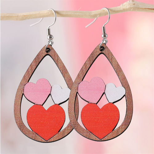 Red Blue Casual Water Drop Heart Shaped Earrings Double-Sided Wooden Earrings