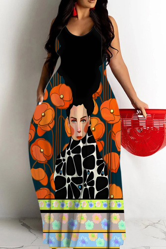 Black Orange Floral Print Sleeveless Backless Spaghetti Strap Floor Length Vacation Baggy Sundress Slip Maxi Dress