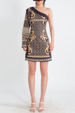Black Baroque Print Backless Beading Oblique Collar Single Long Sleeve Formal Evening Party Prom Bodycon Mini Dresses